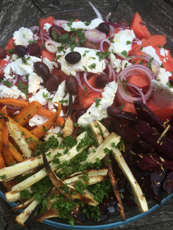 bagte rodfrugter vandmelon salat